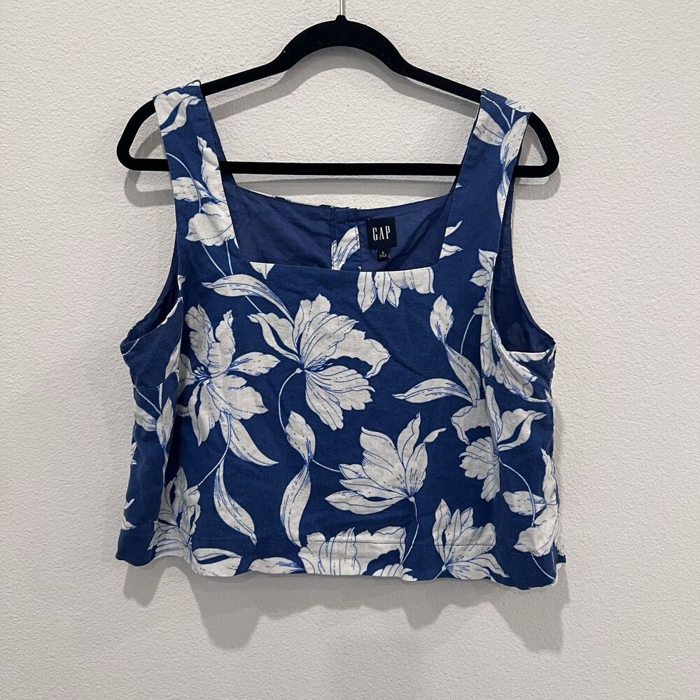 Gap Women's Floral Print Linen-Blend Button-Back Cropped Tank Top Size Large - Picture 2 of 7